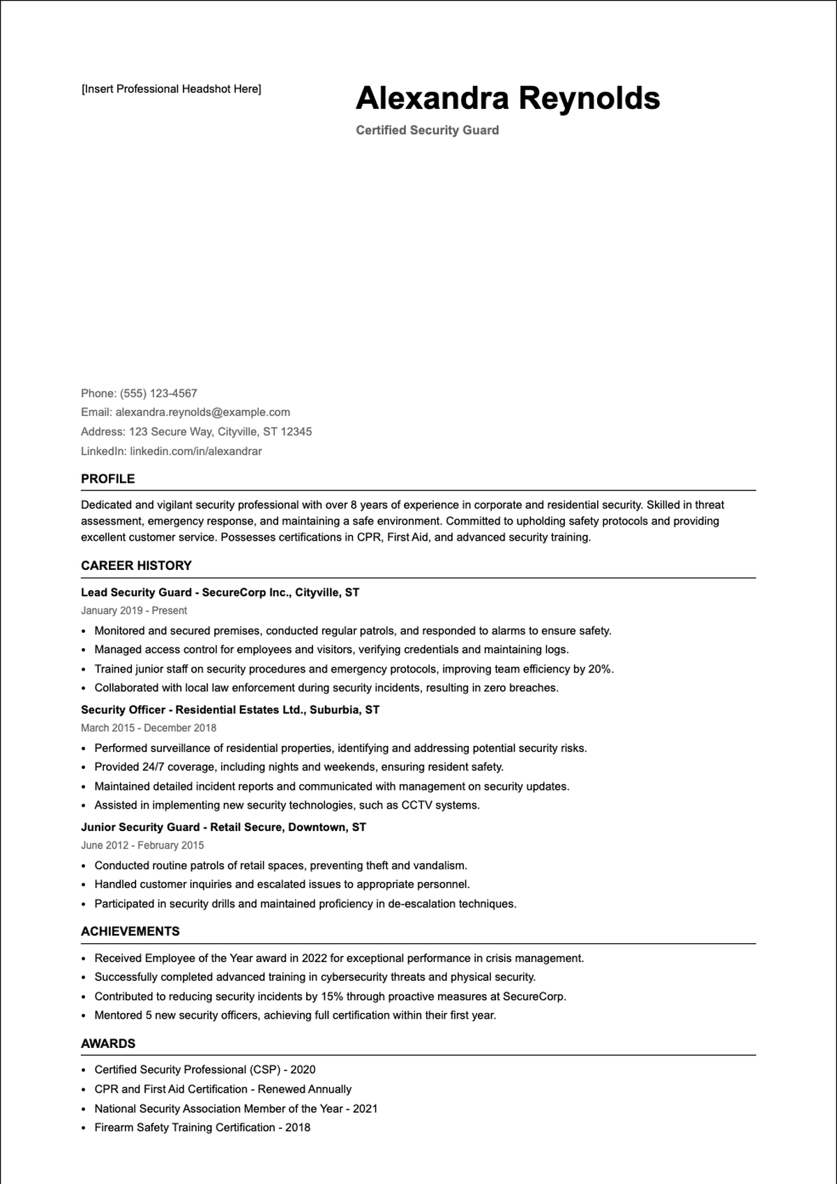 Professional security guard resume template with photo and career timeline_variant_3